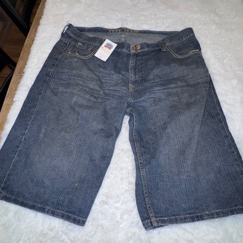 Pepe Jeans Denim Shorts Mens 42 Blue Good Distressed Baggy Jorts Wide Leg